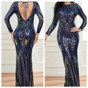 Navy Contrast Sequined Maxi Gown for Special Events